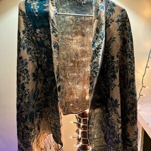 Pashmina Floral Scarf in blue-green and Cream